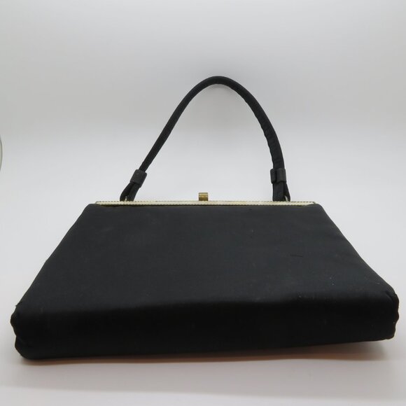 Vintage Handheld Black Satin Purse Bag After Five Mother Pearl Frame Top Handle - Picture 9 of 16